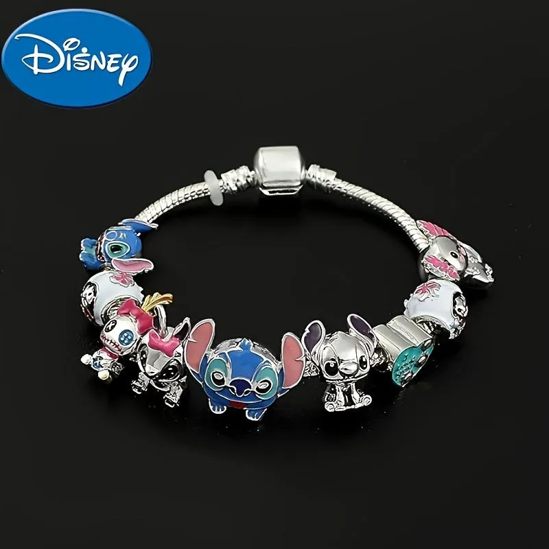 1 pc Disney Stitch Charm Bracelet - Cartoon Beaded Bangle with Silver-Tone Plating, Cute Stitch Beads, and Party Style Design - Perfect Gift for Disney Fans on Valentines Day and All Occasions