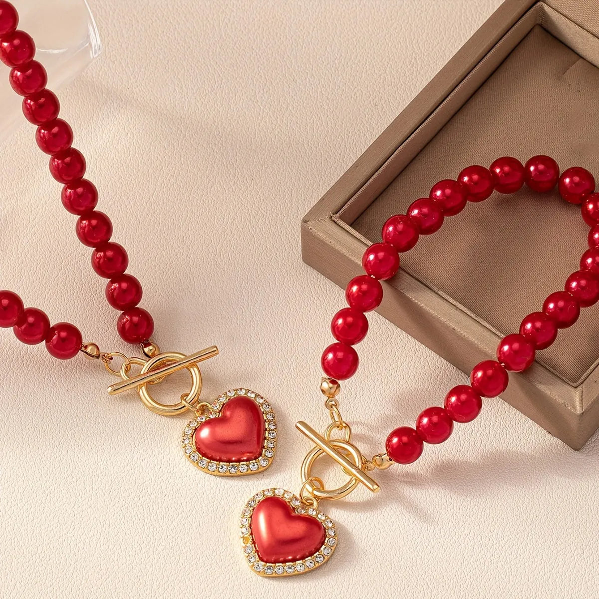 1 Set Of Timeless And Stylish Imitation Pearl Beaded Necklace Heart Shaped Pendant Necklace And Bracelet Jewelry Set For Women Valentine's Day