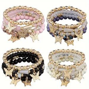 16pcs/set Elegant Bohemian Butterfly Beaded Link - Sparkling Multi-Layer Fashion Charm Bracelet for Stylish Lady Girls, DIY Bead Jewelry Gift with Elastic Design