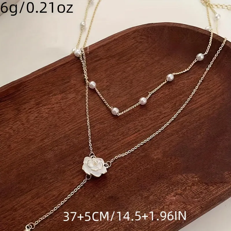 1Pc Fashion Flower Simple Faux Pearl Beaded Alloy Golden Color Women Pendant Necklace Gift Holiday