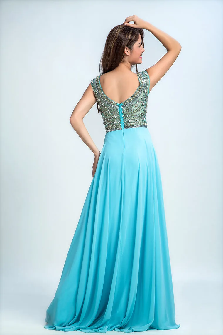 2020 Prom Dress Scoop A Line Floor Length Beaded Tulle Bodice With Chiffon Skirt,JL20154