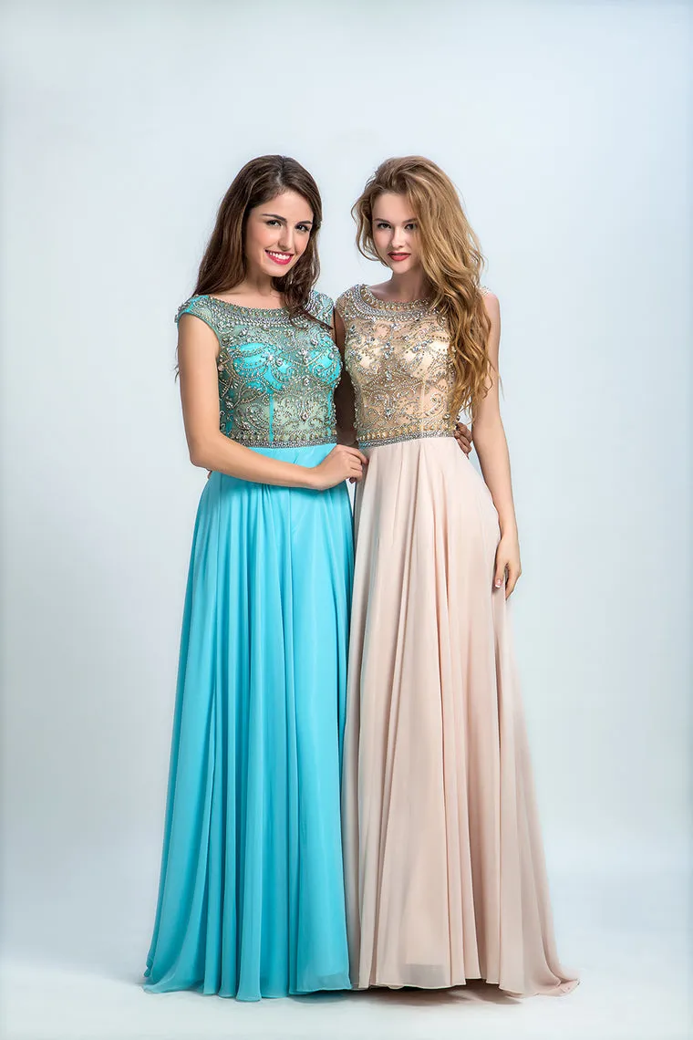 2020 Prom Dress Scoop A Line Floor Length Beaded Tulle Bodice With Chiffon Skirt,JL20154