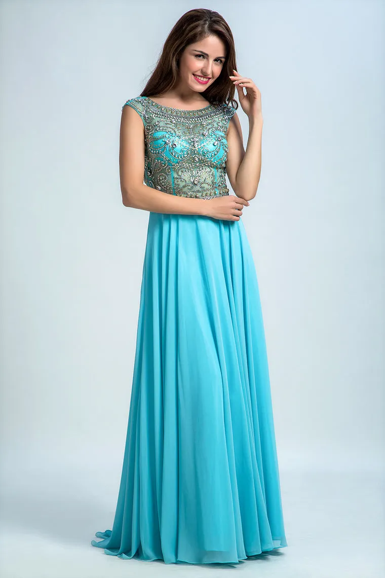 2020 Prom Dress Scoop A Line Floor Length Beaded Tulle Bodice With Chiffon Skirt,JL20154