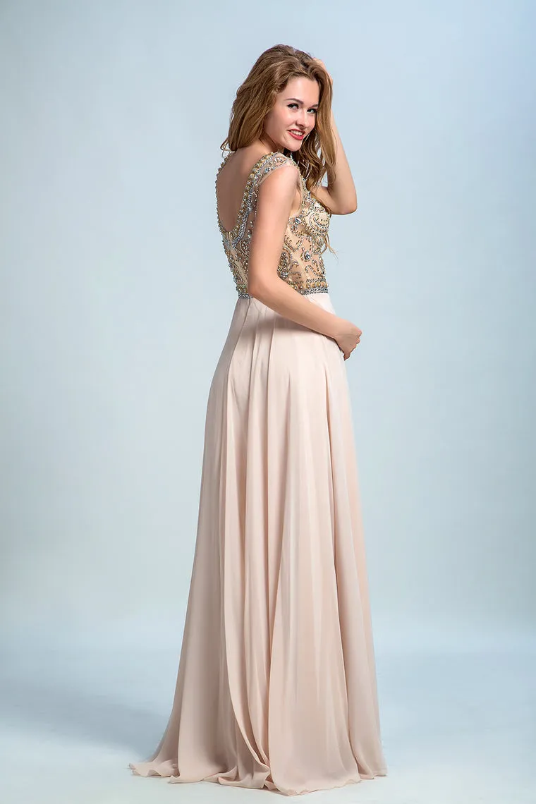 2020 Prom Dress Scoop A Line Floor Length Beaded Tulle Bodice With Chiffon Skirt,JL20154