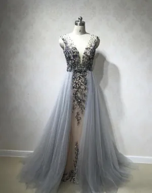 2020 unique charming grey tulle beaded v-neck long prom dresses, PD5786