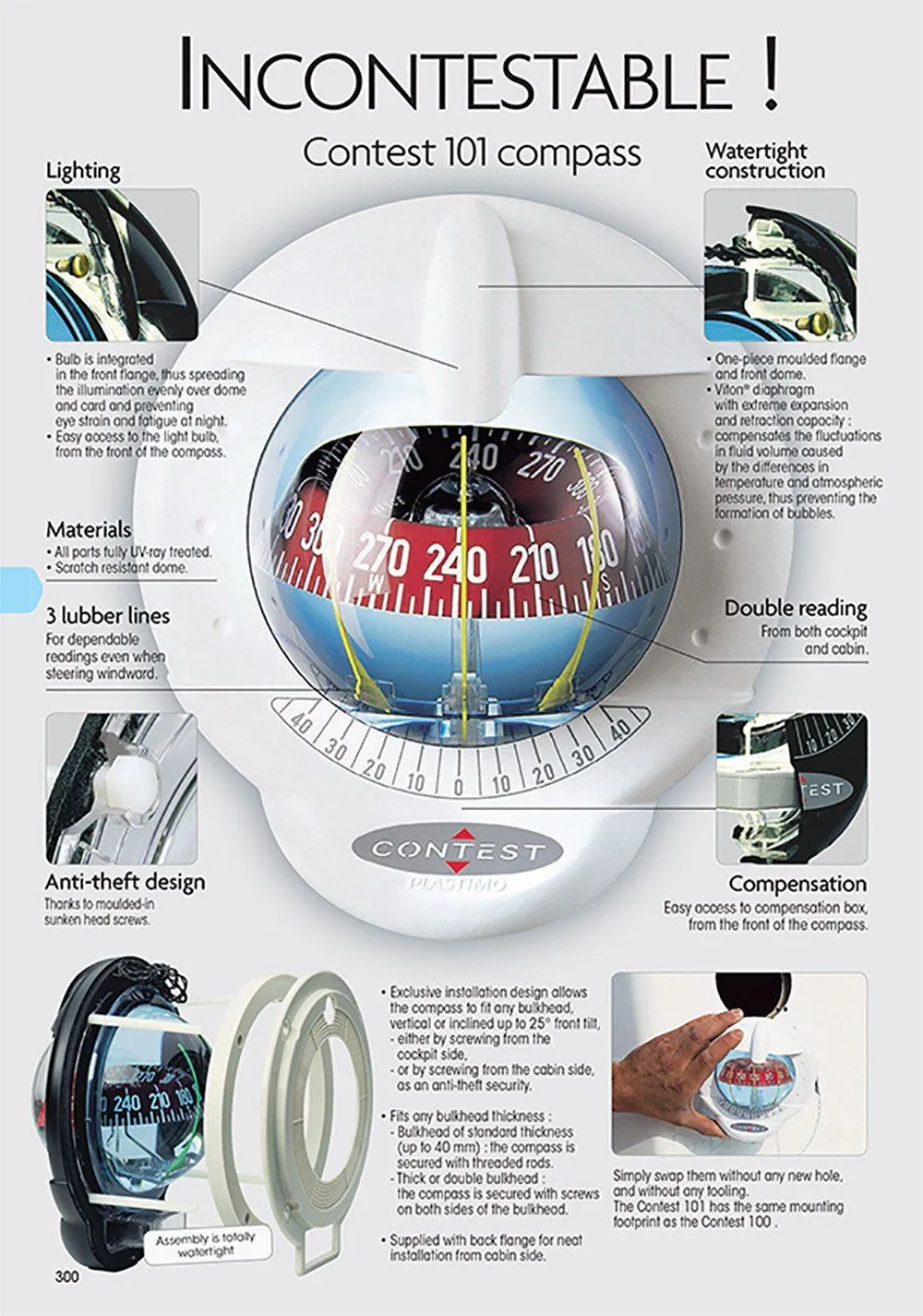 25483 - CONTEST 101 COMPASS - MOUNT INCLINED 10 TO 25 DEGREES - 64418 - BLACK BEZEL WITH RED CARD- PLASTIMO