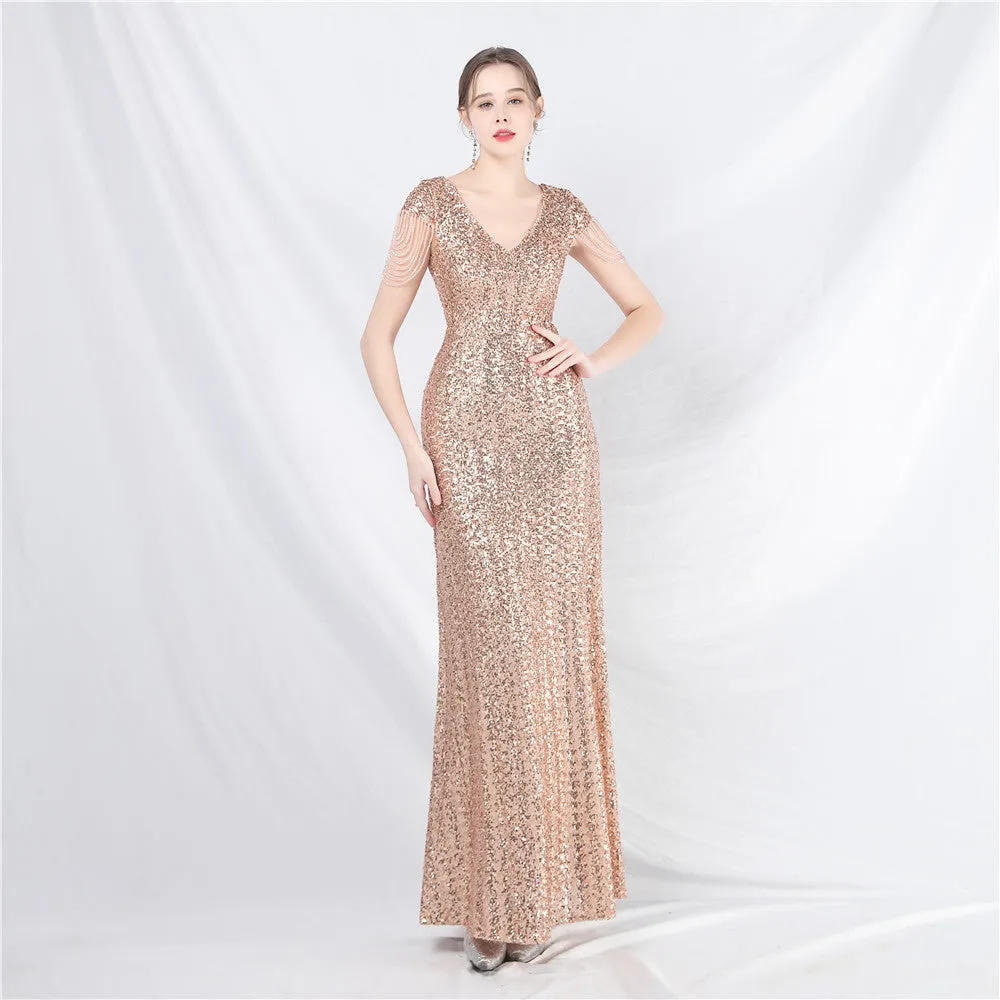 31621# New A- line Large Hem Dress Craft Beaded Sequined Long A- line Evening Dress