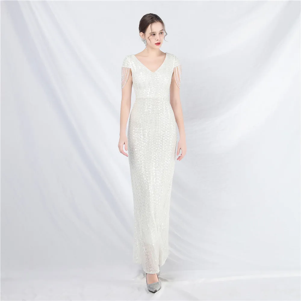 31621# New A- line Large Hem Dress Craft Beaded Sequined Long A- line Evening Dress