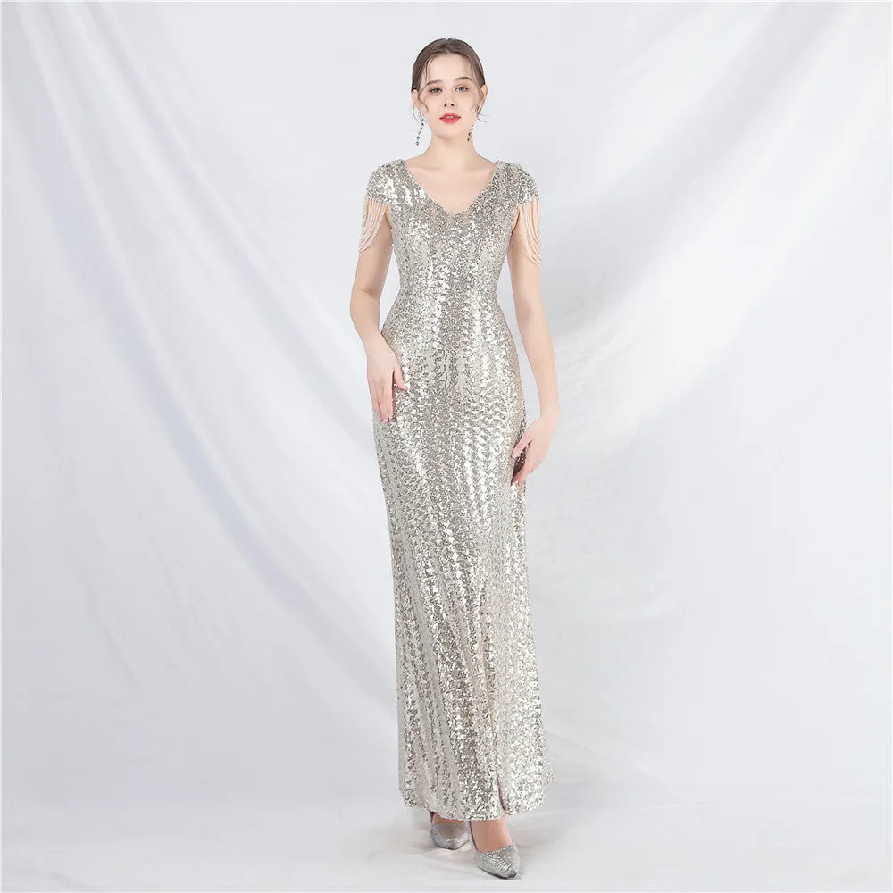 31621# New A- line Large Hem Dress Craft Beaded Sequined Long A- line Evening Dress