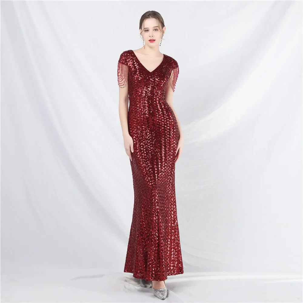 31621# New A- line Large Hem Dress Craft Beaded Sequined Long A- line Evening Dress