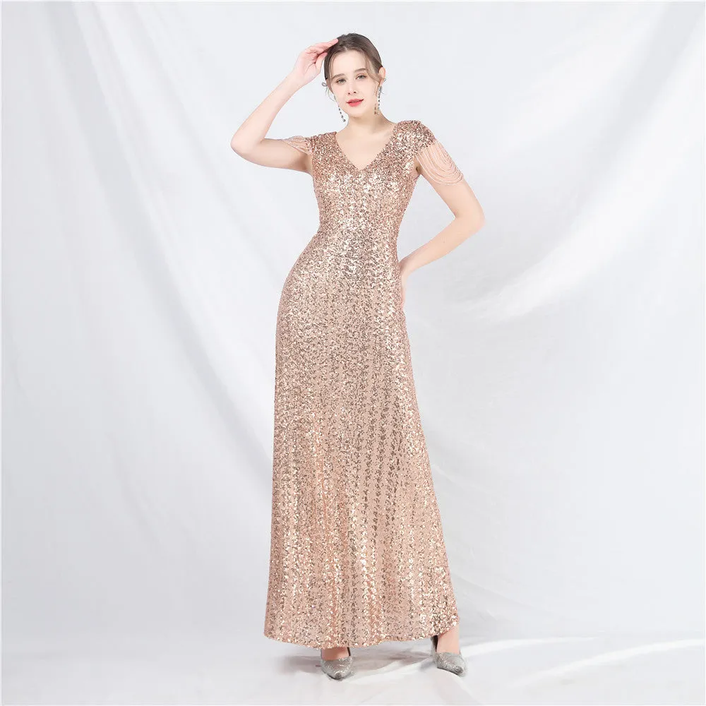 31621# New A- line Large Hem Dress Craft Beaded Sequined Long A- line Evening Dress