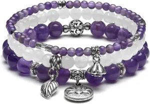 3Pcs Amethyst Rose Quartz Crystal Beaded Chakra Bracelets Natural Healing Energy Lotus Charm Beads Stone Reiki Stackable Stretch Bracelets Set for Women