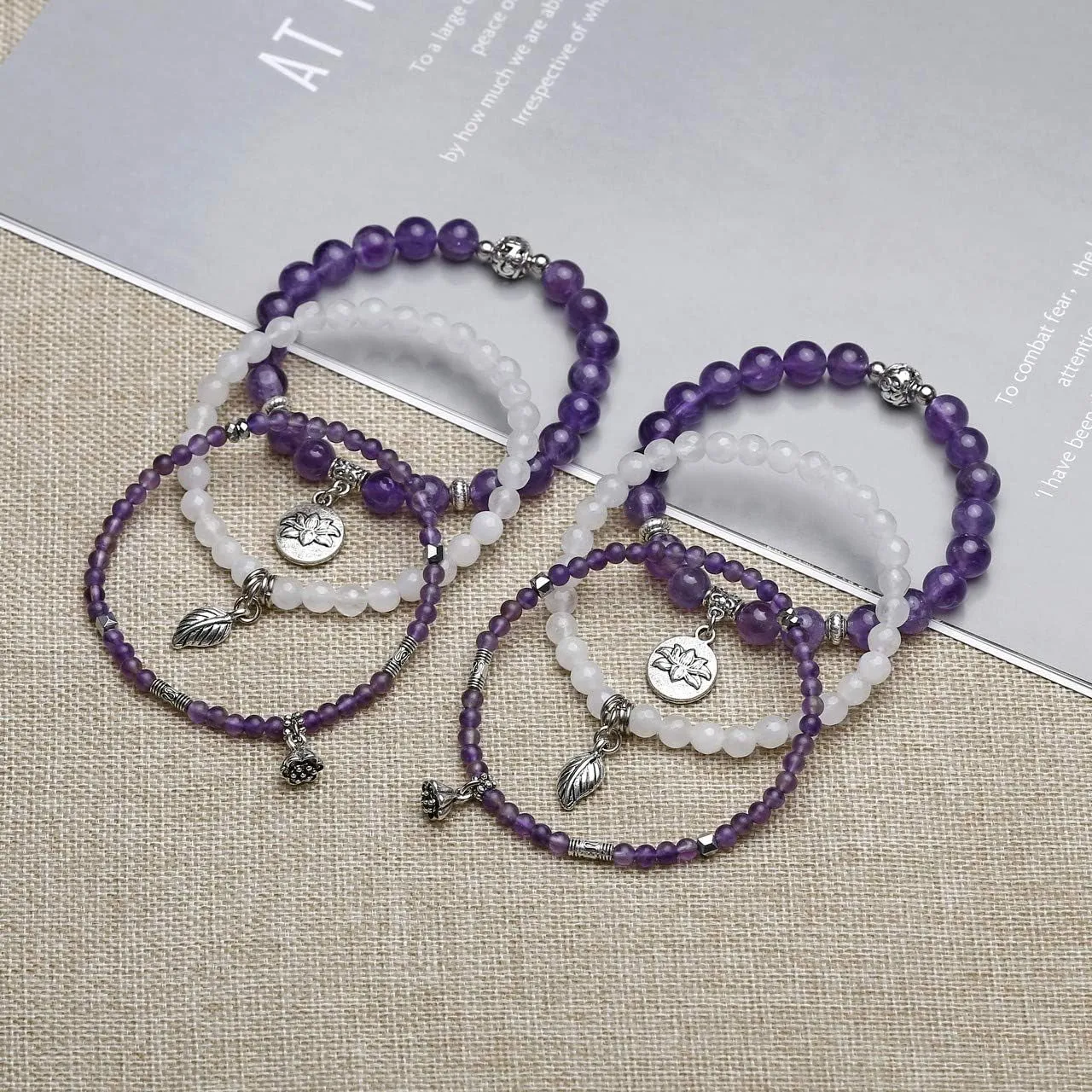 3Pcs Amethyst Rose Quartz Crystal Beaded Chakra Bracelets Natural Healing Energy Lotus Charm Beads Stone Reiki Stackable Stretch Bracelets Set for Women