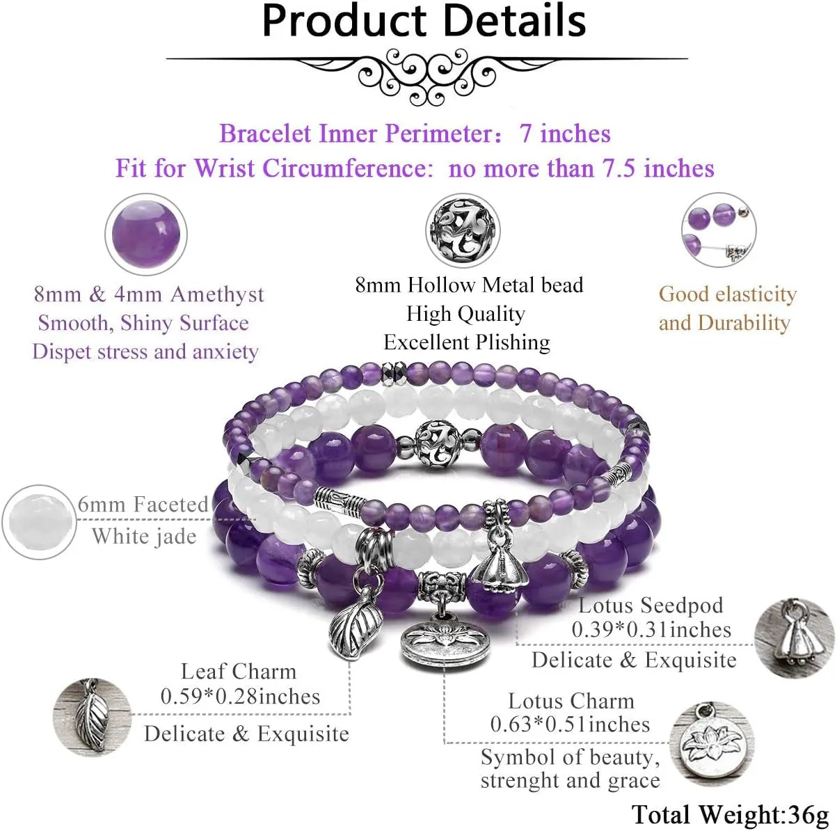 3Pcs Amethyst Rose Quartz Crystal Beaded Chakra Bracelets Natural Healing Energy Lotus Charm Beads Stone Reiki Stackable Stretch Bracelets Set for Women