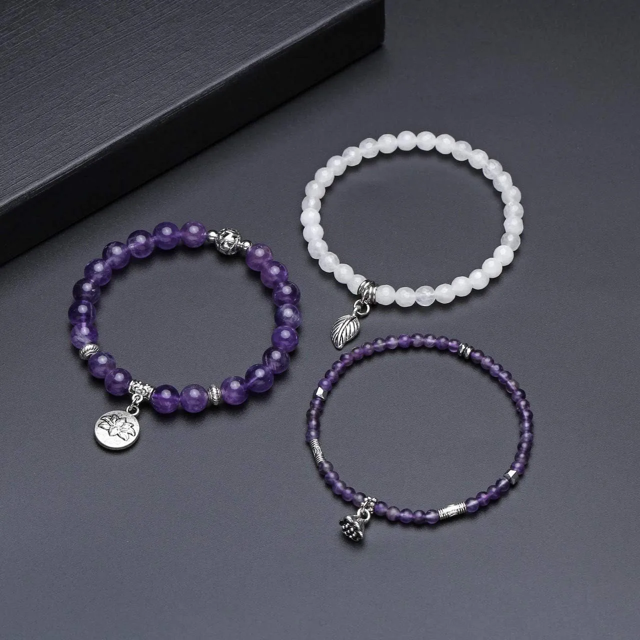 3Pcs Amethyst Rose Quartz Crystal Beaded Chakra Bracelets Natural Healing Energy Lotus Charm Beads Stone Reiki Stackable Stretch Bracelets Set for Women