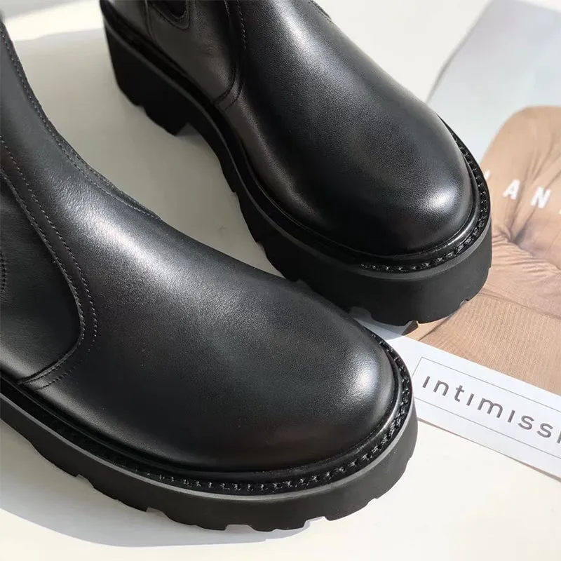 50mm Leather Platform Chelsea Boots with Buckle Detail in Black