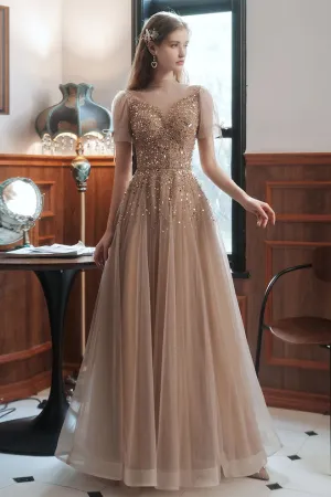 A Line Beaded Tulle Prom Dress with Sequin, Sparkly Sheer Neck Formal Gown UQP0139