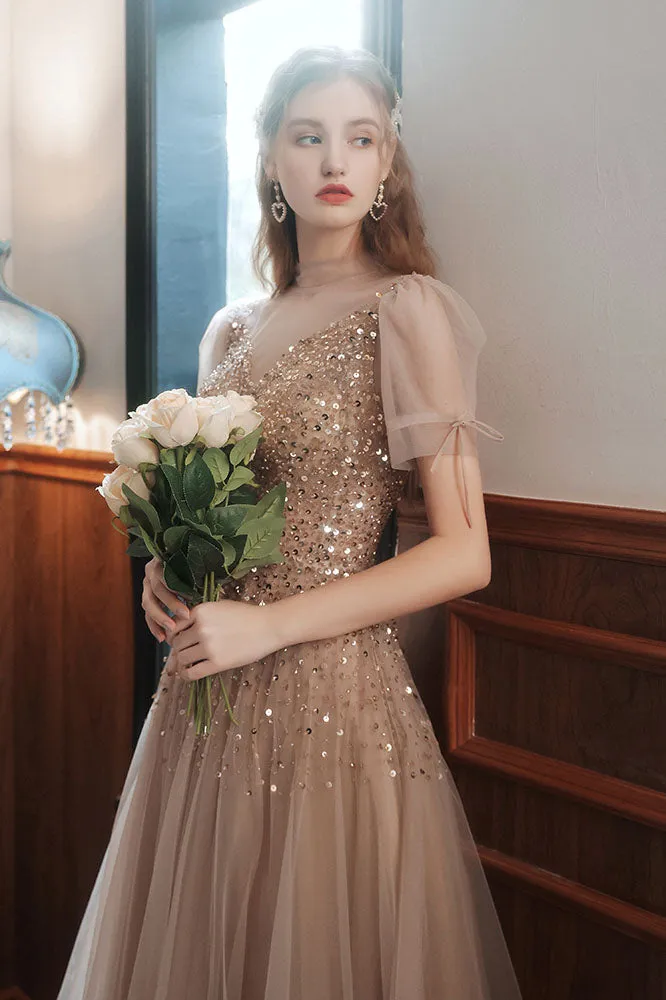 A Line Beaded Tulle Prom Dress with Sequin, Sparkly Sheer Neck Formal Gown UQP0139