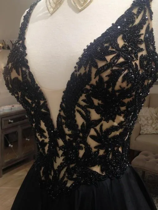 A Line prom dress, long prom Dress, black prom dress, beaded prom dress, formal prom dress,BD985