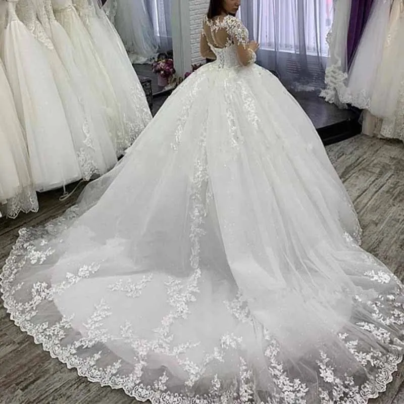 A-line Wedding Dresses Lace Applique Long Sleeves Bride Ball Gown