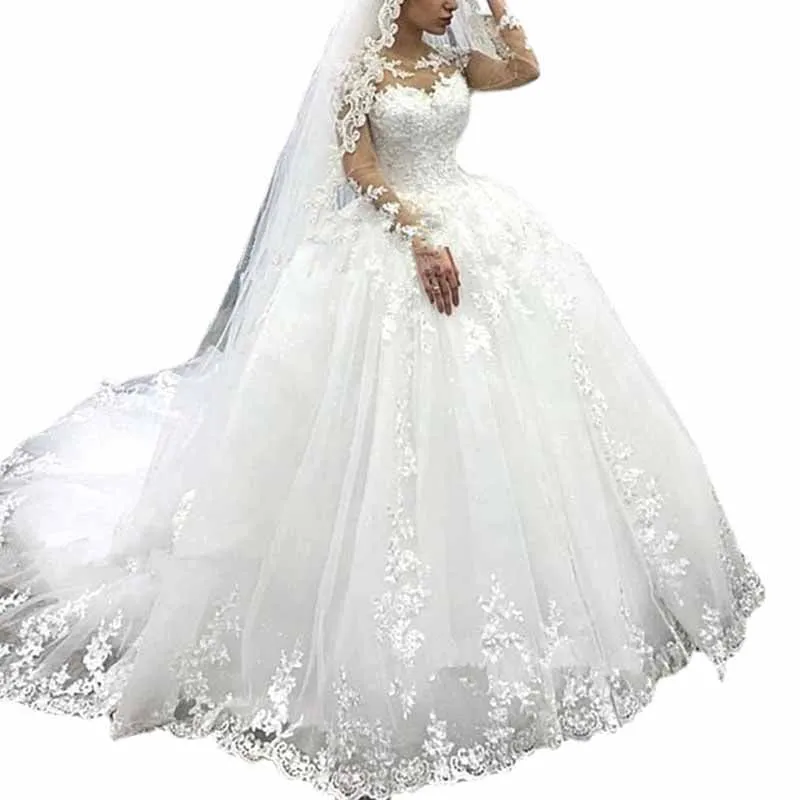 A-line Wedding Dresses Lace Applique Long Sleeves Bride Ball Gown