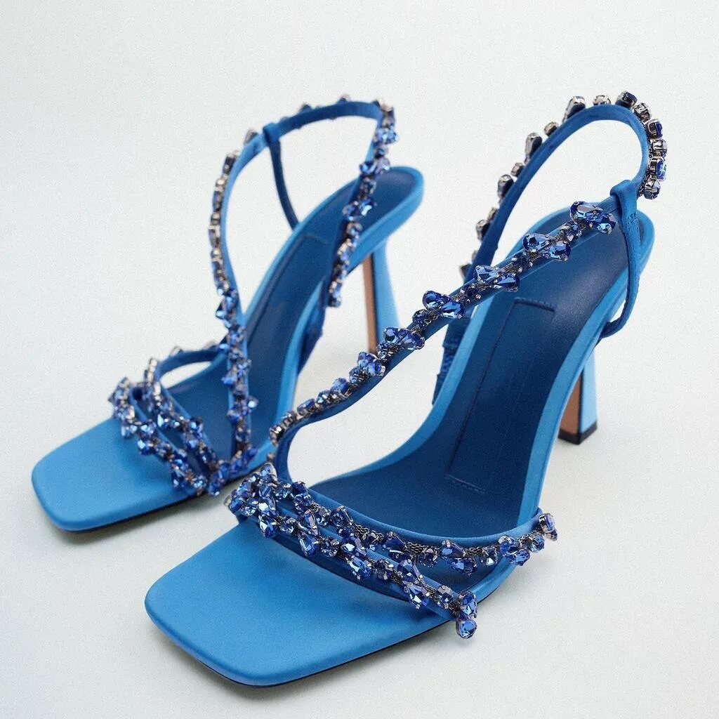 Amozae New Women Sandals Buckle Strap Open Square Toe   Ladies Pumps High Heel Beaded Fashion Summer Rhinestone Female Shoes