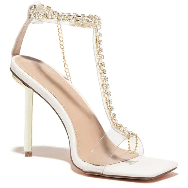 Amozae T-Bar Strap Rhinestone Beaded Toe Ring Heels