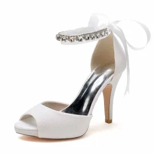 Ankle Beaded Strap Party Shoes Lace Up Sparkling Pumps Open Toe Heeled Bridal Shoes