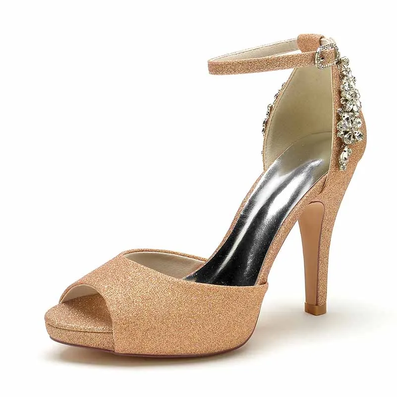 Ankle Strap Party Shoes Sparkling Pumps Open Toe Beaded Heels Shoes