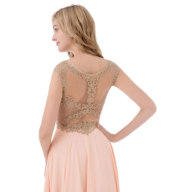 Applique Beaded Long Prom Dresses Dusty Pink Chiffon Evening Dresses A-Line Formal Dresses,LX475