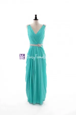 Aqua Chiffon Dress Tiffany Blue Long Porm Dress Long Tiffany Bridal Party Dress (BM876L)