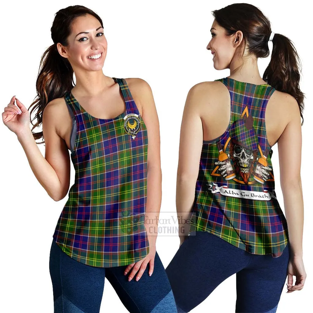 Arnott Tartan Women's Racerback Tanks with Family Crest and Bearded Skull Holding Bottles of Whiskey