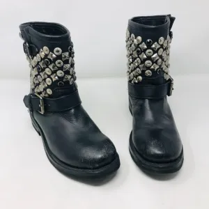 ASH 38 Black Leather Studs Moto Biker Boots 2400-502-12220