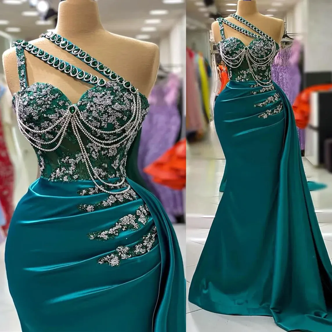 Aso Ebi Arabic Hunter Green Mermaid Prom Dress Crystals Lace Evening Formal Party Second Reception Birthday Engagement Gowns Dresses Robe De Soiree ZJ732