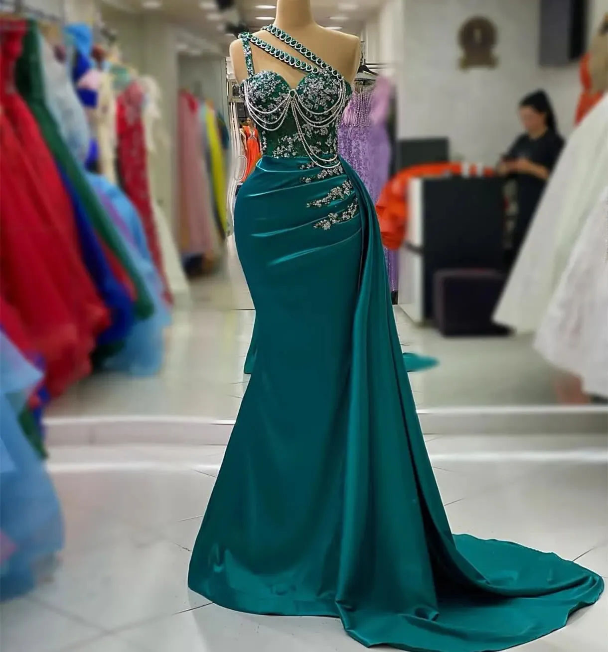 Aso Ebi Arabic Hunter Green Mermaid Prom Dress Crystals Lace Evening Formal Party Second Reception Birthday Engagement Gowns Dresses Robe De Soiree ZJ732