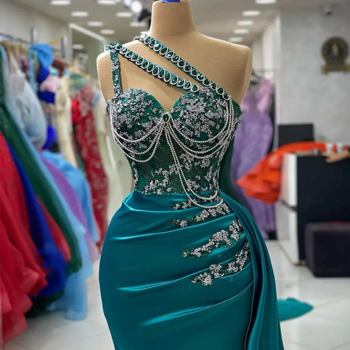 Aso Ebi Arabic Hunter Green Mermaid Prom Dress Crystals Lace Evening Formal Party Second Reception Birthday Engagement Gowns Dresses Robe De Soiree ZJ732