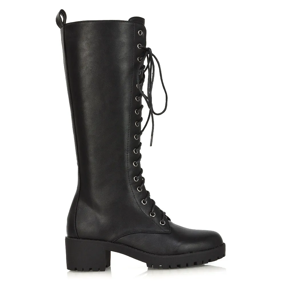 Aspen Lace Up Block High Heel Knee High Biker Boots In Black Synthetic Leather