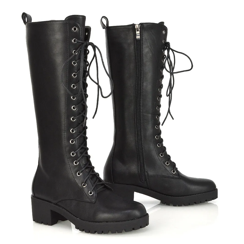 Aspen Lace Up Block High Heel Knee High Biker Boots In Black Synthetic Leather