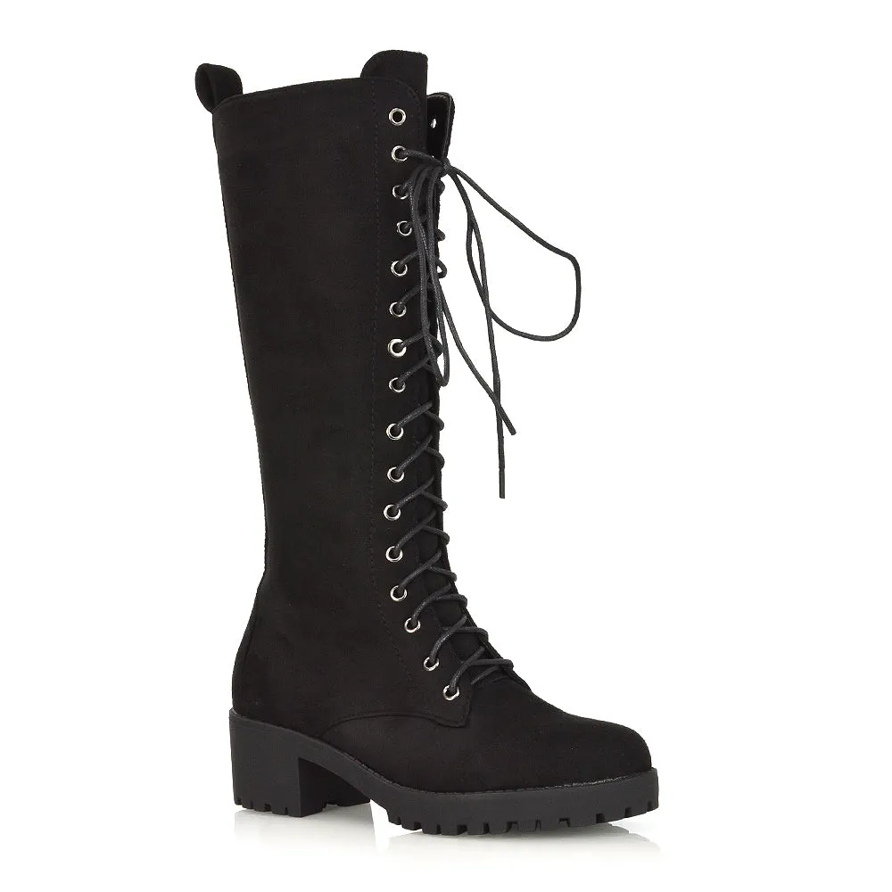 Aspen Lace Up Block High Heel Knee High Biker Boots In Black Synthetic Leather