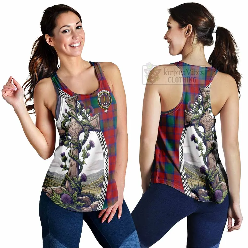 Auchinleck (Affleck) Tartan Women's Racerback Tanks with Family Crest and St. Andrew's Cross Accented by Thistle Vines