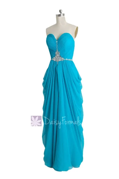 Beaded Blue Chiffon Dress Beach Wedding Dress Long Sweetheart Bridesmaid Dress(PR72168)