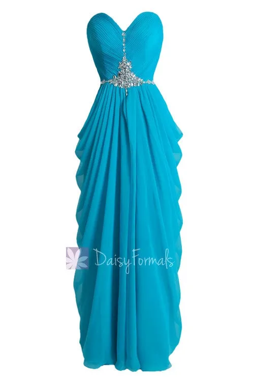 Beaded Blue Chiffon Dress Beach Wedding Dress Long Sweetheart Bridesmaid Dress(PR72168)