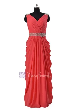 Beaded Cherry Chiffon Dress Beach Wedding Dress Long V-Neck Bridesmaid Dress(BM876L)