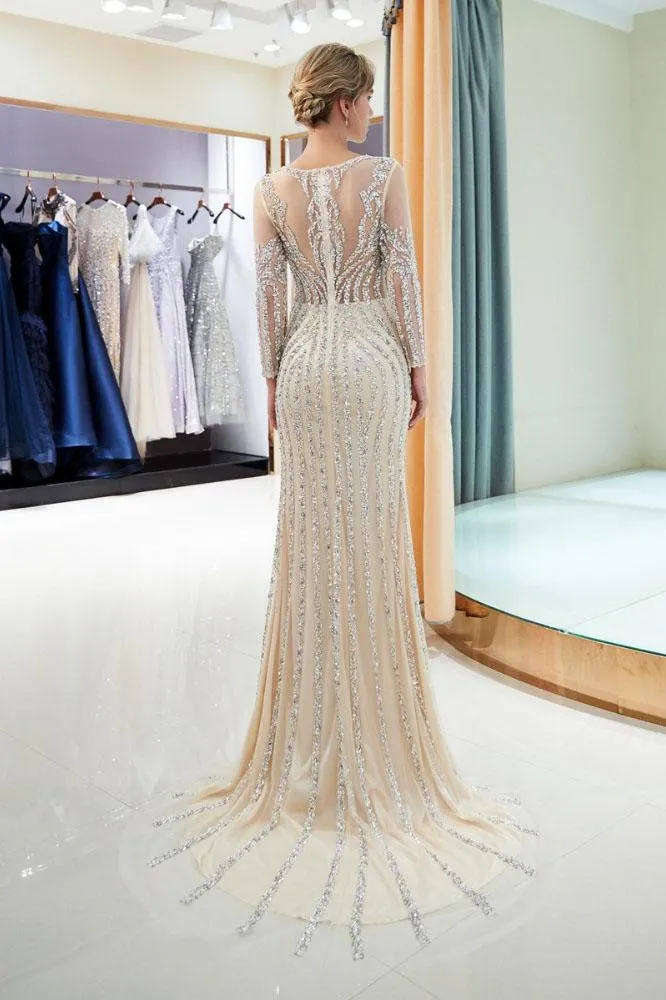 Beaded Evening Dresses Luxury Mermaid Crystal Sweep Train Long Sleeves Prom Dress UQ2280