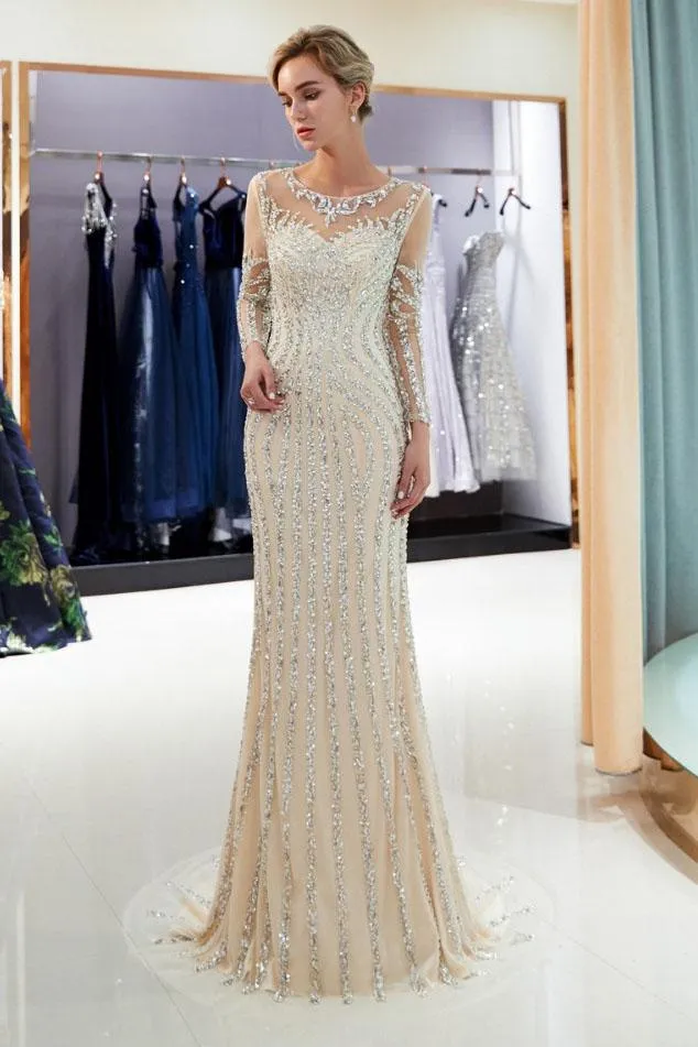 Beaded Evening Dresses Luxury Mermaid Crystal Sweep Train Long Sleeves Prom Dress UQ2280