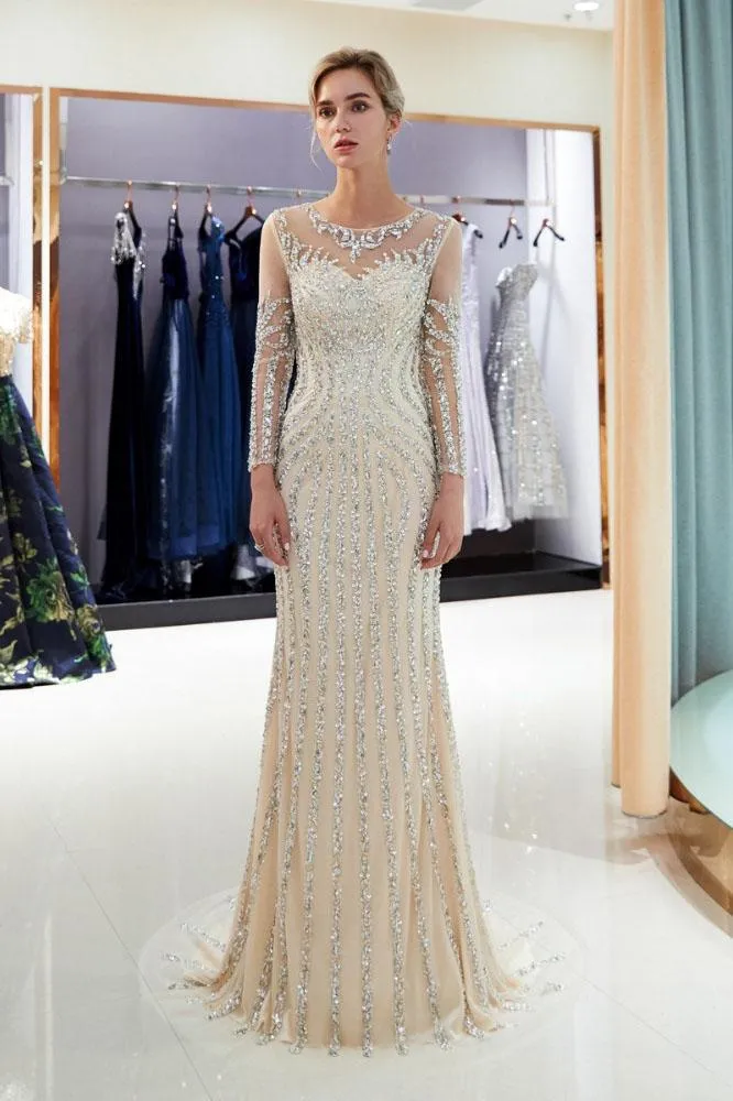 Beaded Evening Dresses Luxury Mermaid Crystal Sweep Train Long Sleeves Prom Dress UQ2280