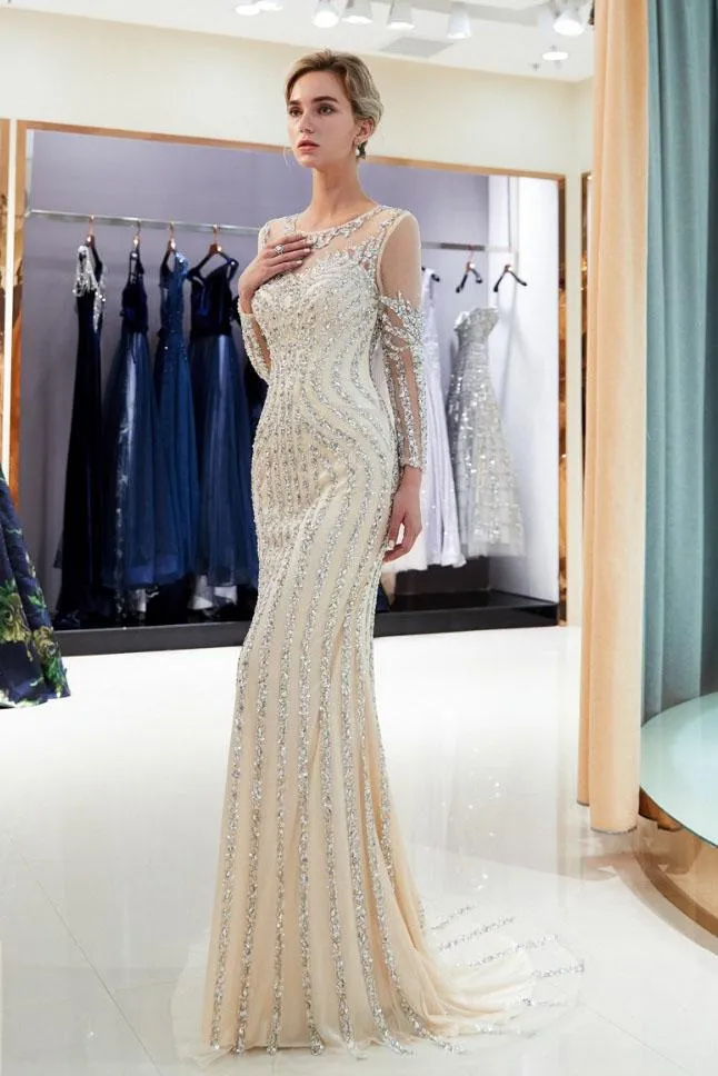 Beaded Evening Dresses Luxury Mermaid Crystal Sweep Train Long Sleeves Prom Dress UQ2280