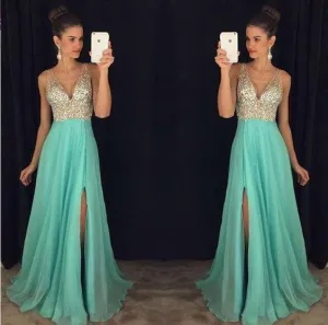 beaded prom dress, long prom dress, blue prom dress, v-neck evening dress, prom dress with side slit, BD386