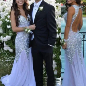 beaded prom dress, long prom dress, mermaid prom dress, formal prom dress, open back evening dress, BD32