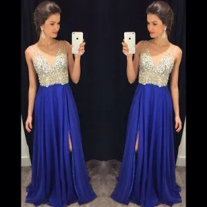 beaded prom dress, long prom dress, royal blue prom dress, chiffon prom dresses, side slit evening dress, BD515